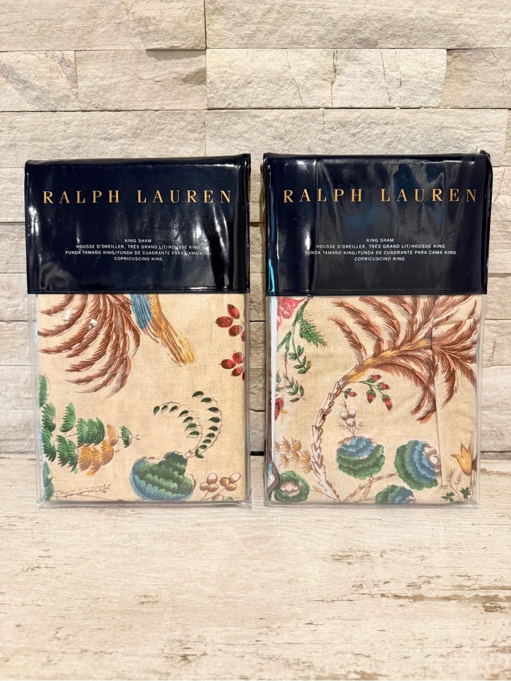 RALPH LAUREN Maren Set Of 2 King Cotton Pillow Shams Natural Tropical Print $370